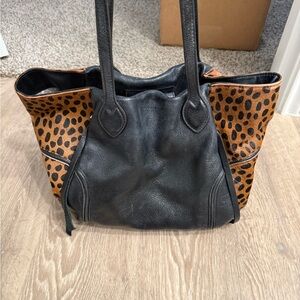 Leopard Print Black Leather Tote Bag